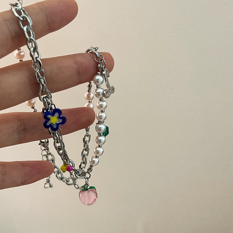 Vòng cổ Thép Titan Mặt Hoa Thủy Tinh Đính Ngọc Trai Dễ Thương