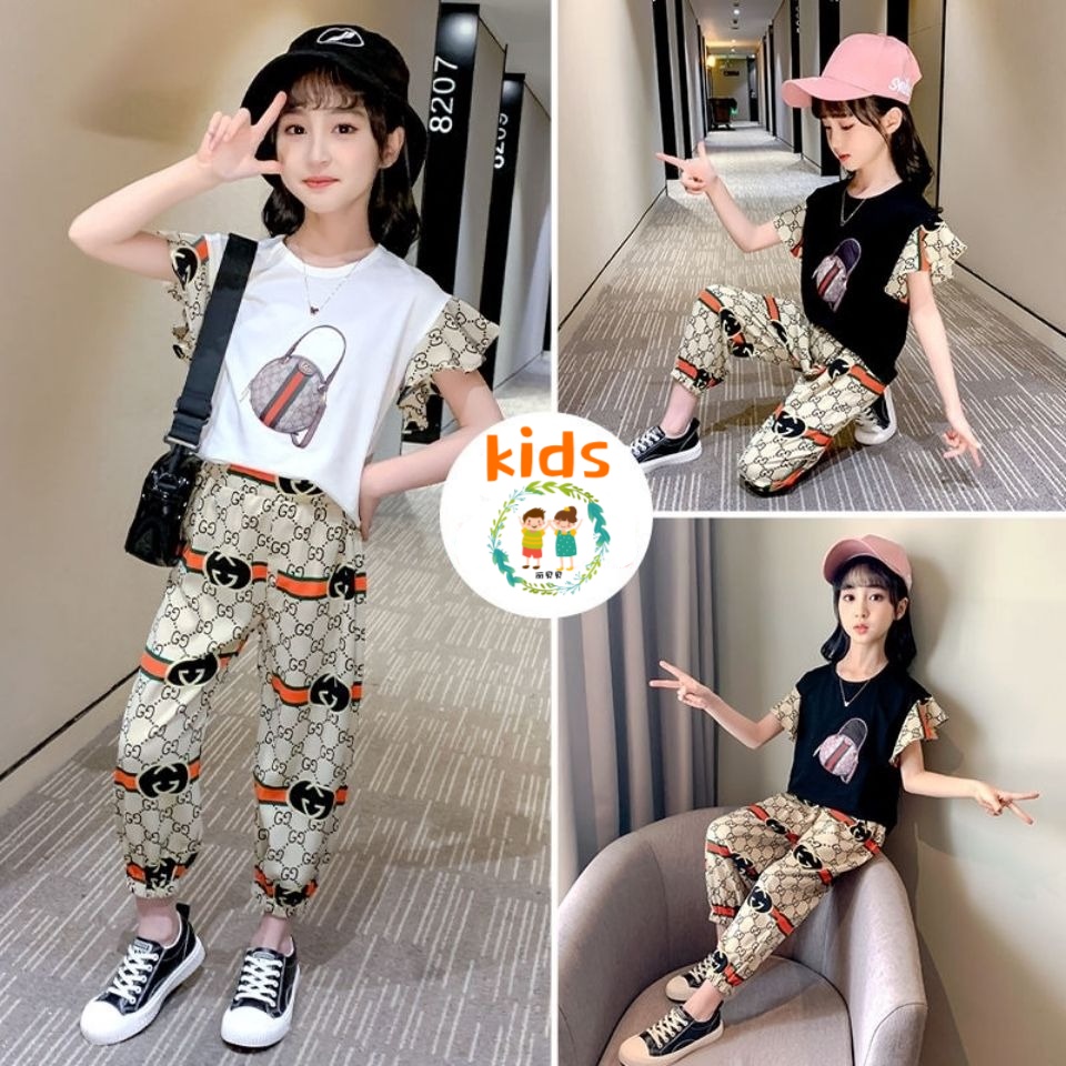 Set Đồ Thể Thao Mùa Hè Gồm Áo Thun Tay Cộc + Quần Dài Phong Cách Mới Cho Bé Gái 3-5 - 8-10 - 12-13 Tuổi