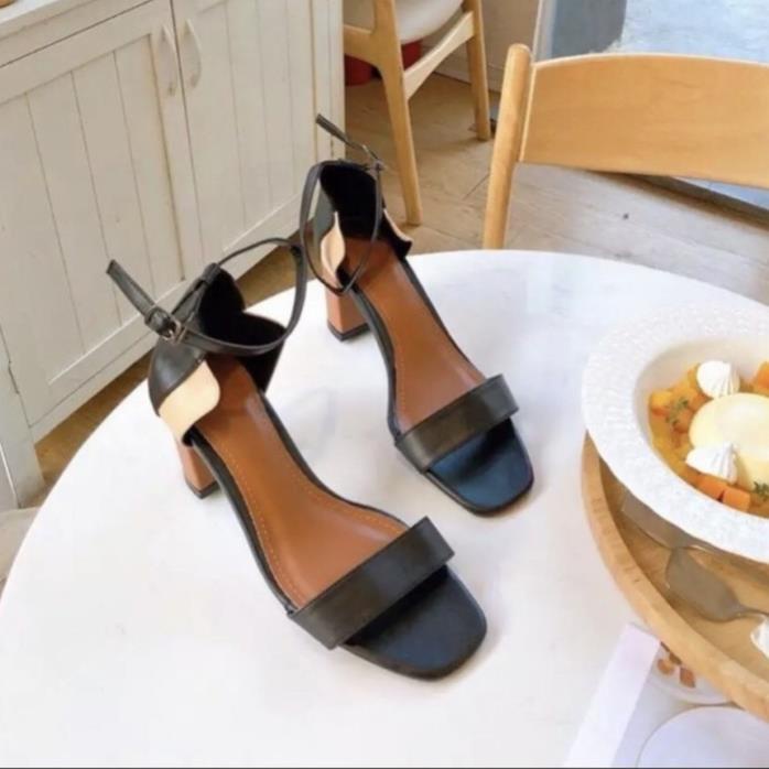 Giày Cao Gót Vuông 7cm  Phối Màu Đen-Kem