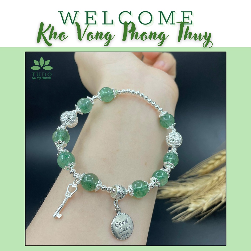 Vòng Tay Nữ phong thủy TUDO - Vòng charm bạc 925 khóa tình yêu, good luck, thạch dâu tây xanh lá - mệnh Mộc Hỏa