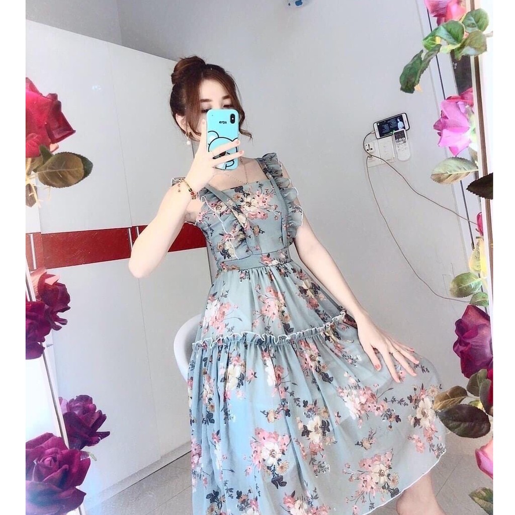 Đầm maxi voan hoa nhún bèo siêu xinh | BigBuy360 - bigbuy360.vn