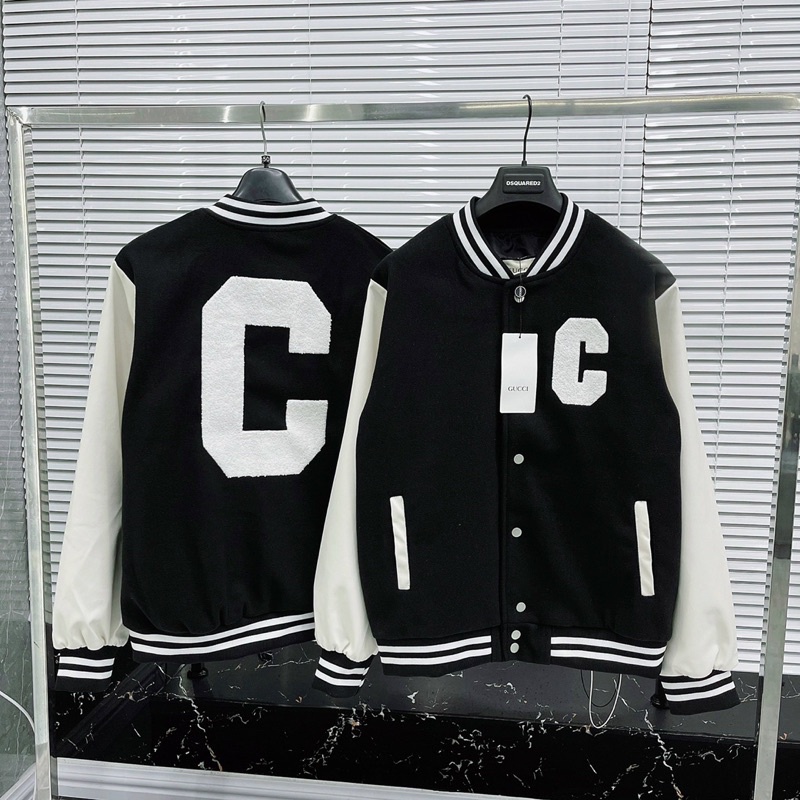 Áo khoác bomber dạ nam nữ tay da phối thêu chữ C xù bông hai mặt bo chun 2 lớp lót gió trong ấm áp