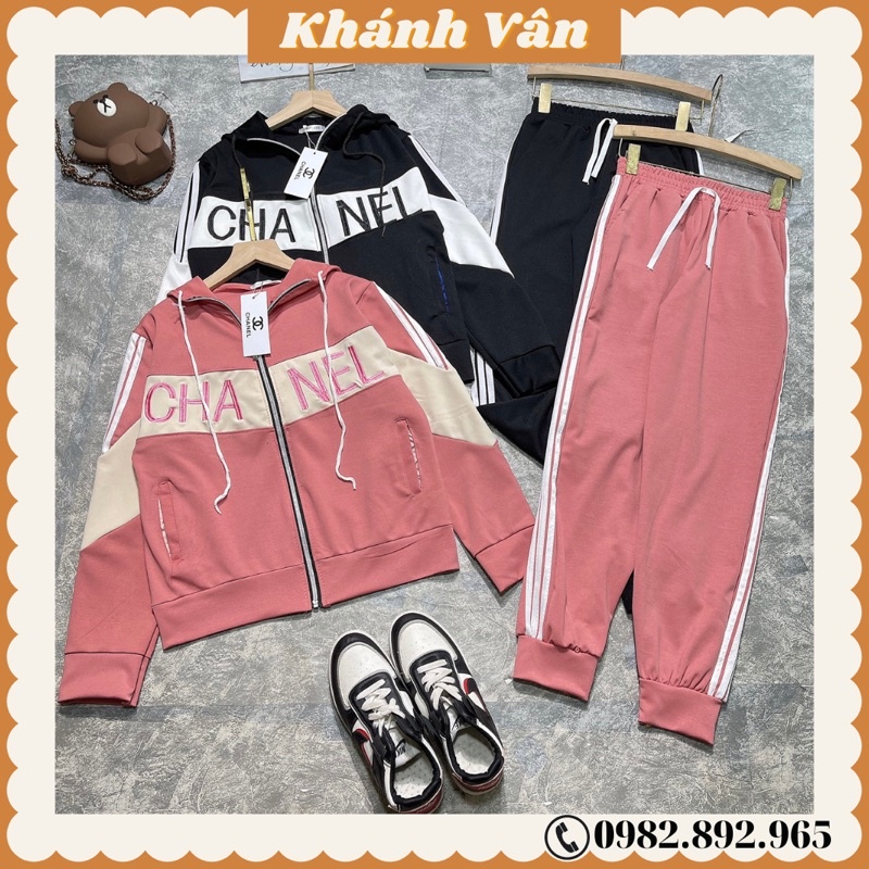 Bộ thể thao khoá nữ, bộ nữ logo quần kẻ sọc