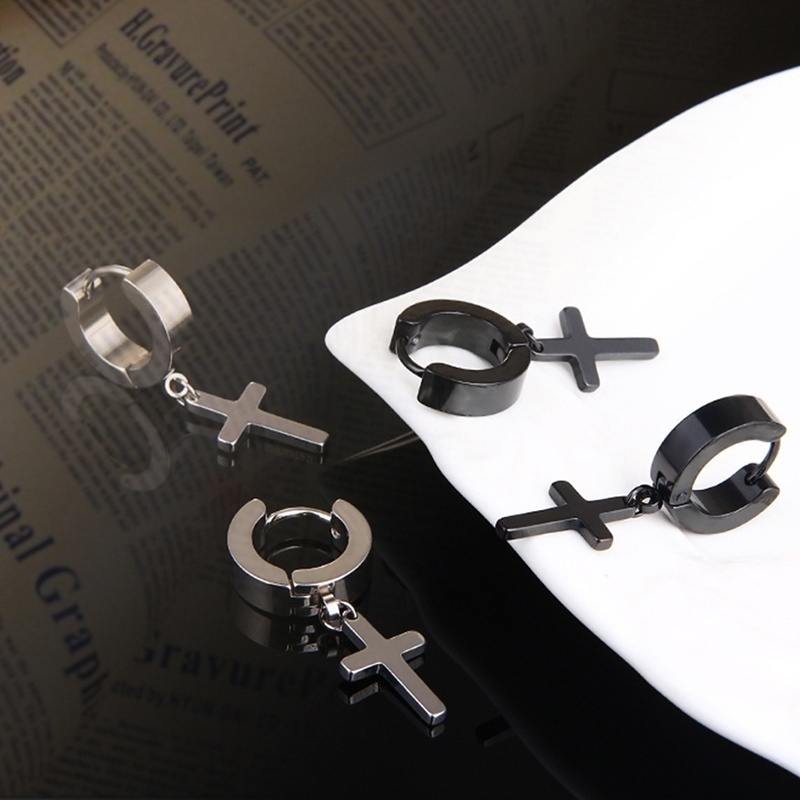 Bông Tai Hình Thánh Giá Bằng Thép Không Gỉ Phong Cách Hip Hop