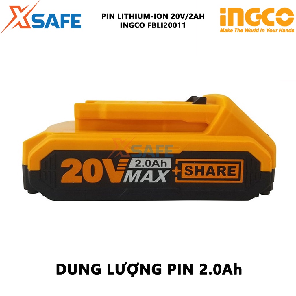 Pin Lithium-Ion INGCO FBLI20011 Pin sạc Lithium dung lượng pin 20V/2.0Ah phù hợp nhiều loại máy INGCO 20V, có đèn LED