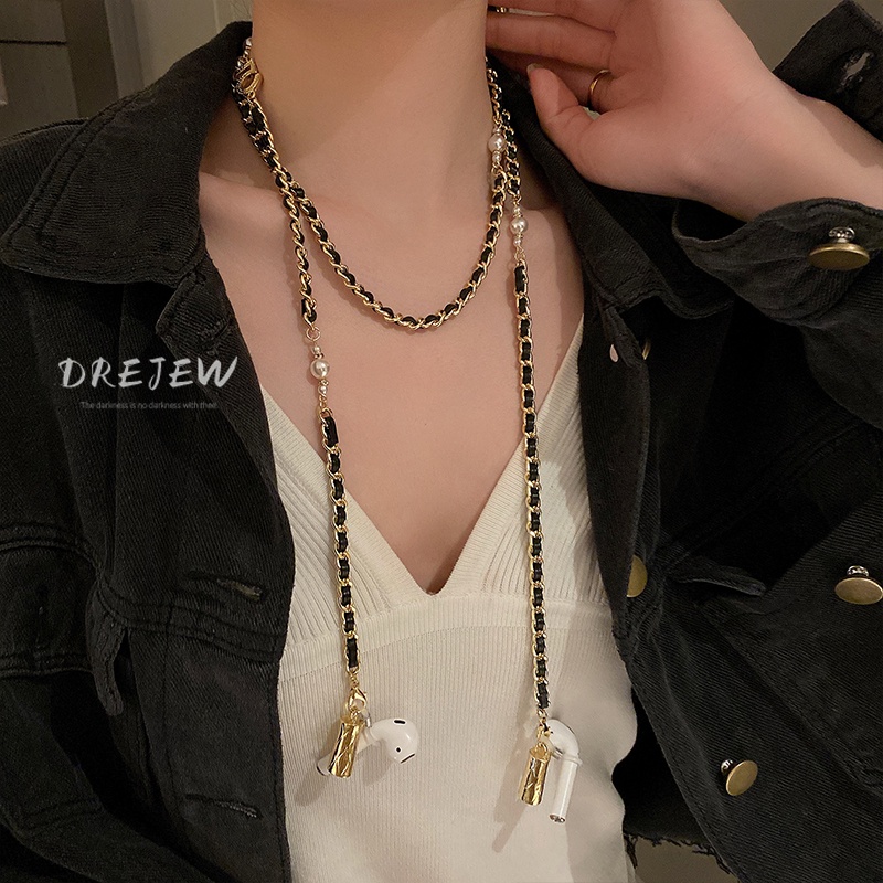 DREJEW Dây chuyền dây da đính đá ngọc trai phong cách Hàn Quốc thời trang dễ phối đồ
