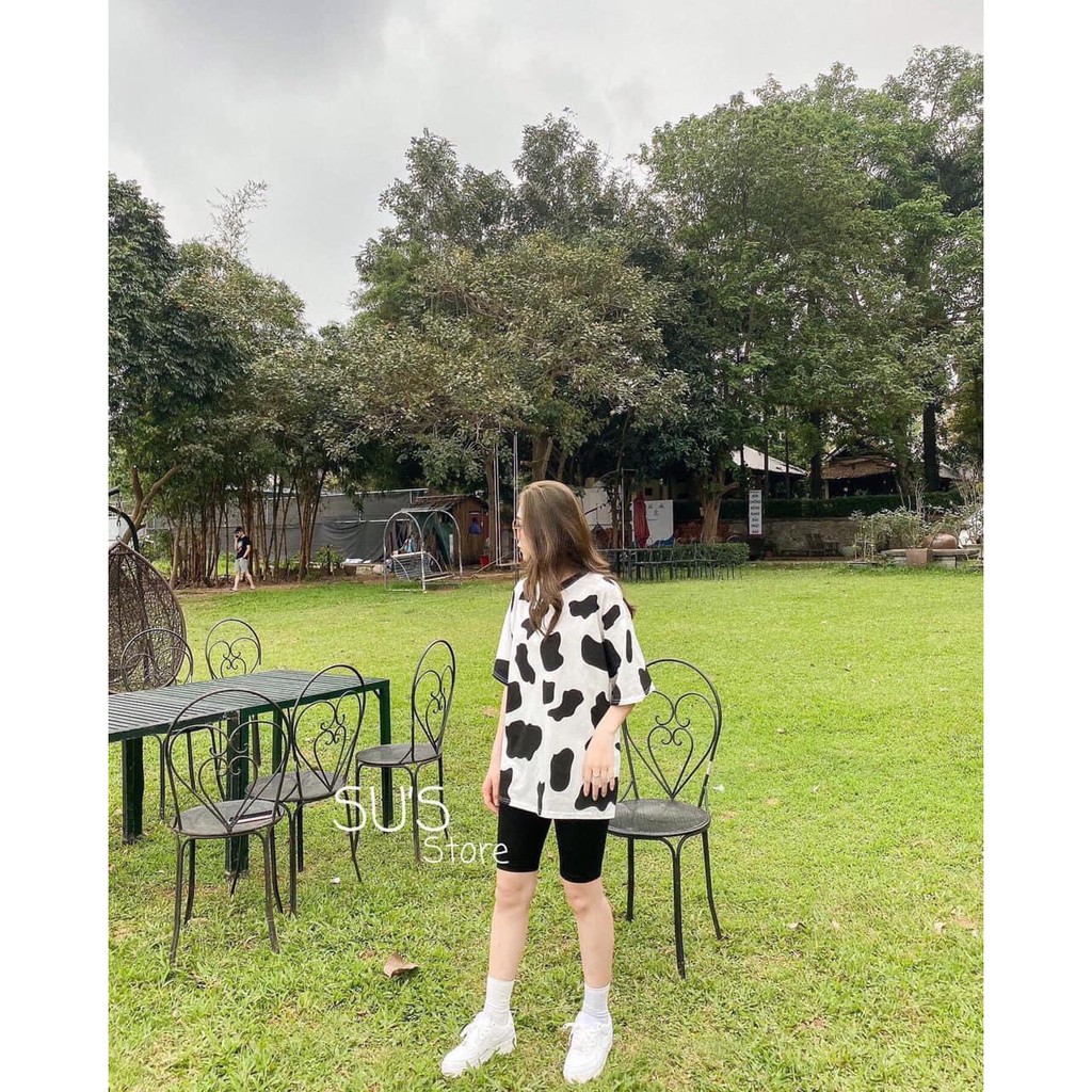 Áo thun cộc tay unisex loang bò sữa kèm quần legging lửng trẻ trung cá tính/ Set bộ hè thời trang nữ_ranstore | BigBuy360 - bigbuy360.vn