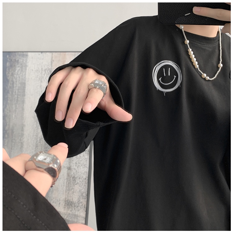 Áo thun tay dài in hình mặt cười cổ điển size lớn / M-8XL thời trang thu đông mới cho cặp đôi