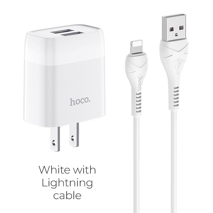 [Mã 2404EL10K giảm 10K đơn 20K] Bộ sạc nhanh Hoco C73 2 cổng USB 2.4A, dài 1m, cáp Lightning, tương thích thiết bị Apple