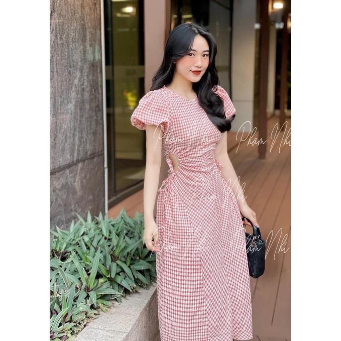 VÁY THIẾT KẾ KẺ CARO HỒNG TRẮNG RÚT EO TAY BỒNG ZARA