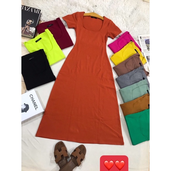Đầm thun cổ vuông tay ngắn dáng maxi