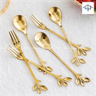 Thìa, nĩa inox mạ vàng - Hình lá