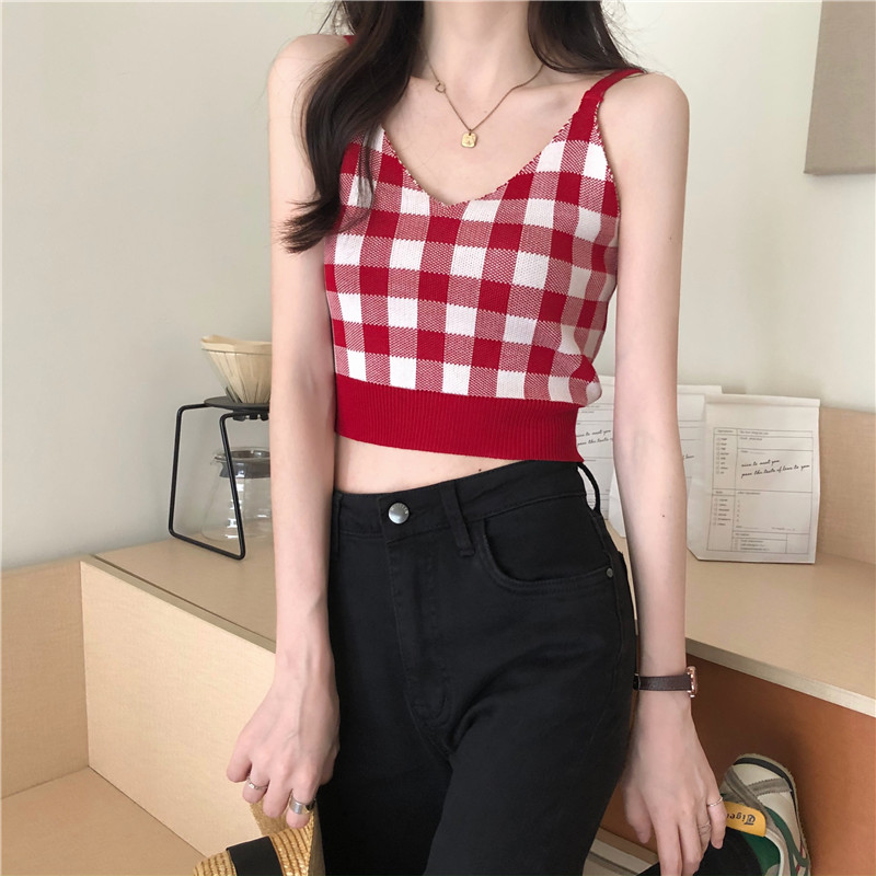 Áo sát nách cổ chữ V họa tiết kẻ ca rô trẻ trung cho nữ