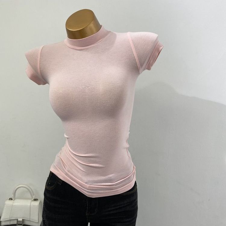 Áo Dài Tay Skinny!F &amp; X Áo Thun Tay Ngắn Cổ Cao Ôm Dáng Co Giãn Màu Trong Suốt Thời Trang Mới 2021