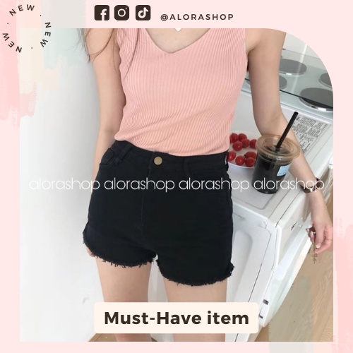 Quần sooc, short, jeans nữ tua rua cạp cao co giãn tốt trơn trắng đen thời trang nữ Alora