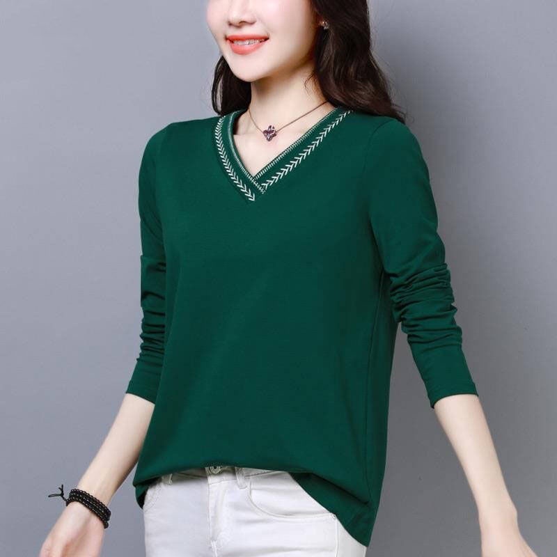 Áo thun tay dài cổ chữ V màu trơn thời trang cho phụ nữ trung niên