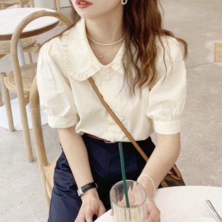 Đơn Giản Rời Tất Cả Trận Đấu Tay Phồng Cổ Búp Bê Áo Sơ Mi Tay Ngắn Phần Mỏng Nữ Mùa Hè