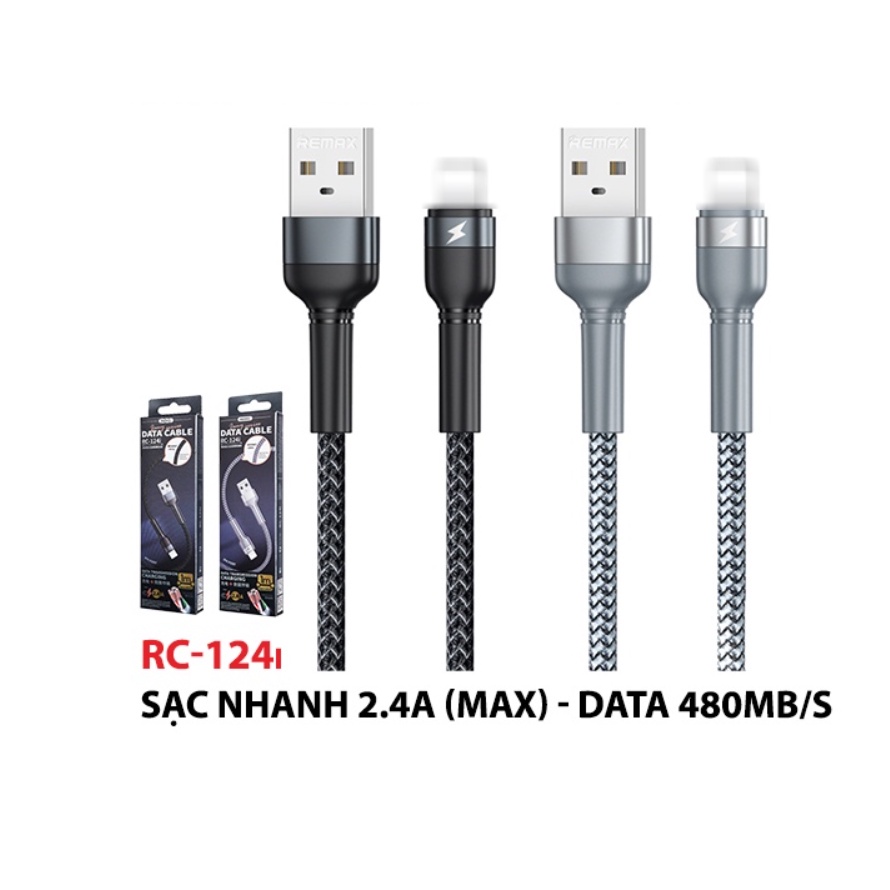 🌟CHÍNH HÃNG 🌟Dây sạc iPh CHỐNG GÃY ĐỨT Remax rc 124 I Sạc Nhanh 2.4A Chống Gãy 1M 7 8 X Xs MAX củ WP U57 18W