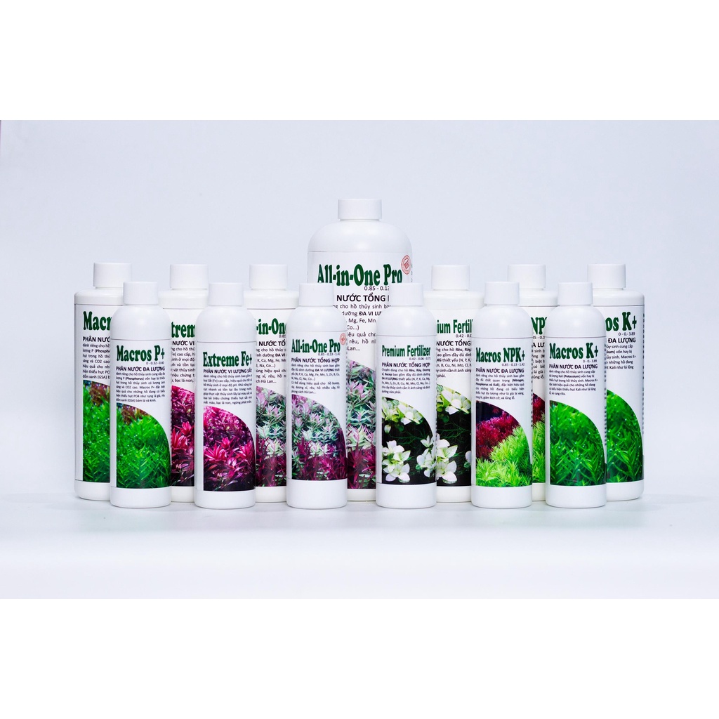 Phân nước các loại All in One Pro, Macros P+, NPK+, Fe+, K+, Trace, Fertilizer cho hồ thủy sinh, chai 230ml