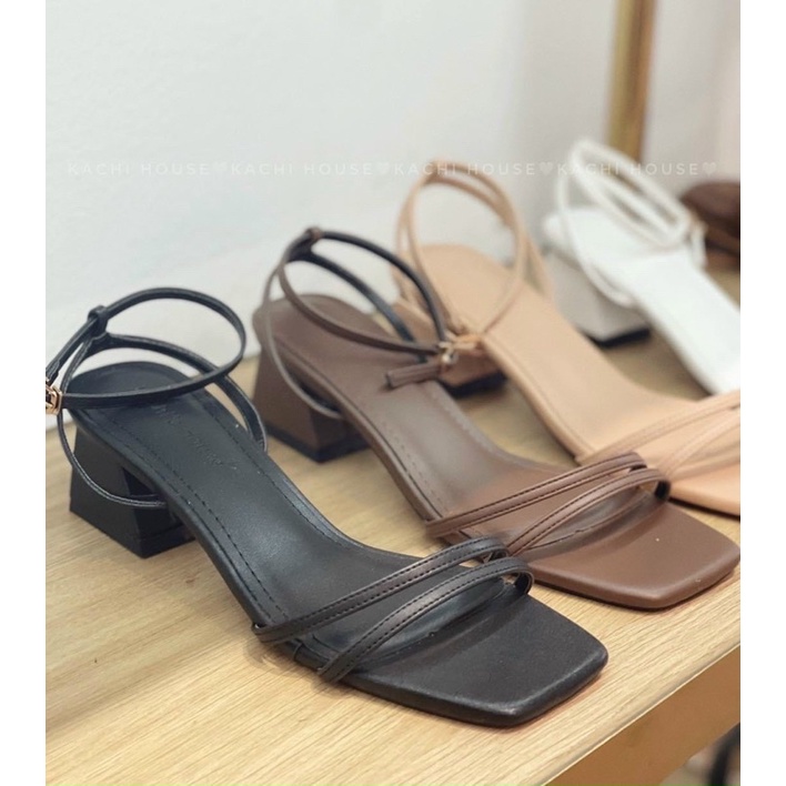 Sandal nữ gót vuông 3cm 2 quai mảnh dễ đi chất da lì