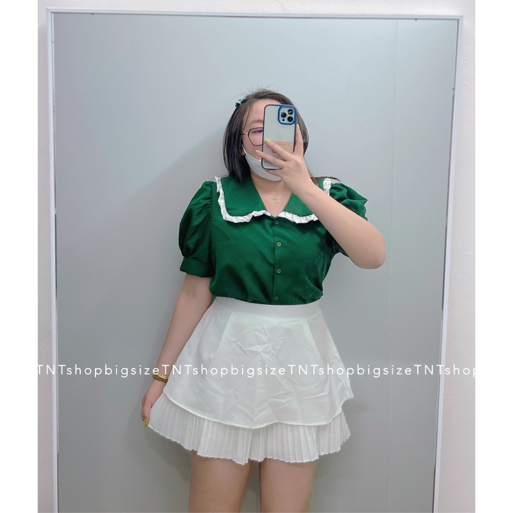 ÁO XANH LÁ TAY BÚP VIỀN BÈO TRẮNG [TNTSHOP BIGSIZE 60KG 90KG]