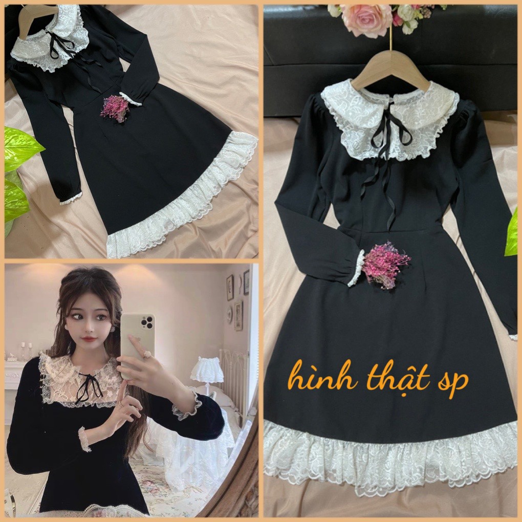 Đầm dự tiệc tay dài màu đen cổ sen tiểu thư, phối ren siêu yêu tại Thời trang VADA - V12 | BigBuy360 - bigbuy360.vn