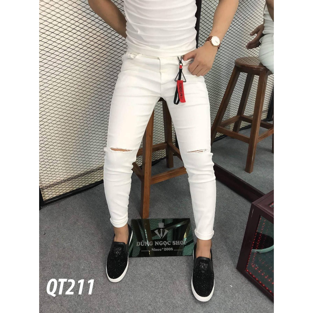 Quần jean nam ống ôm màu trắng rách gối chất bò co giãn bốn chiều thời trang cao cấp NEWSHOP702