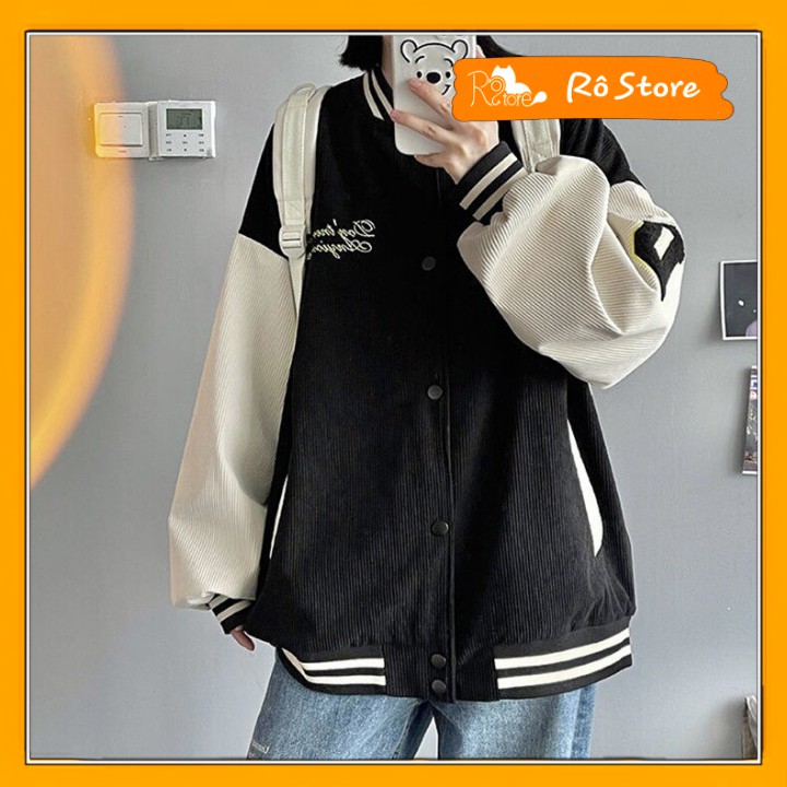Áo Khoác Bomber, Áo Jacket Nhung Tăm Unisex Form Rộng Nam Nữ Thêu Chữ D Siêu Chất RÔ STORE AK12