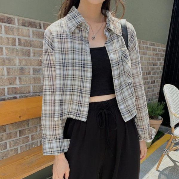 Áo Sơ Mi Ca Rô Dài Tay Cổ Polo Phong Cách Hàn Quốc Mới 45108