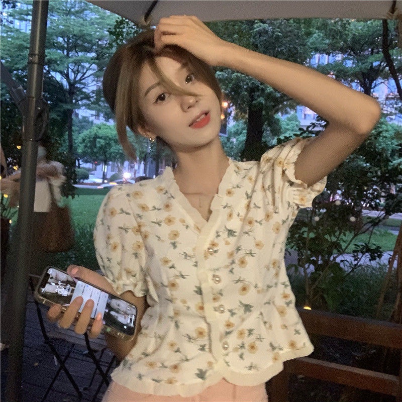 Áo Sơ Mi Tay Ngắn Cổ Chữ V In Họa Tiết Hoa Thời Trang Mùa Hè Cho Nữ