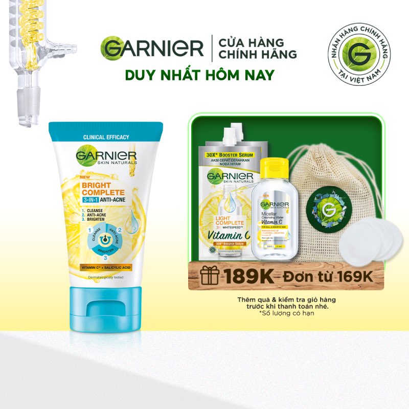 [Mã FMCGMALL -8% đơn 250K] Sữa rửa mặt 3-trong-1 giảm mụn & sáng da Garnier 90ml