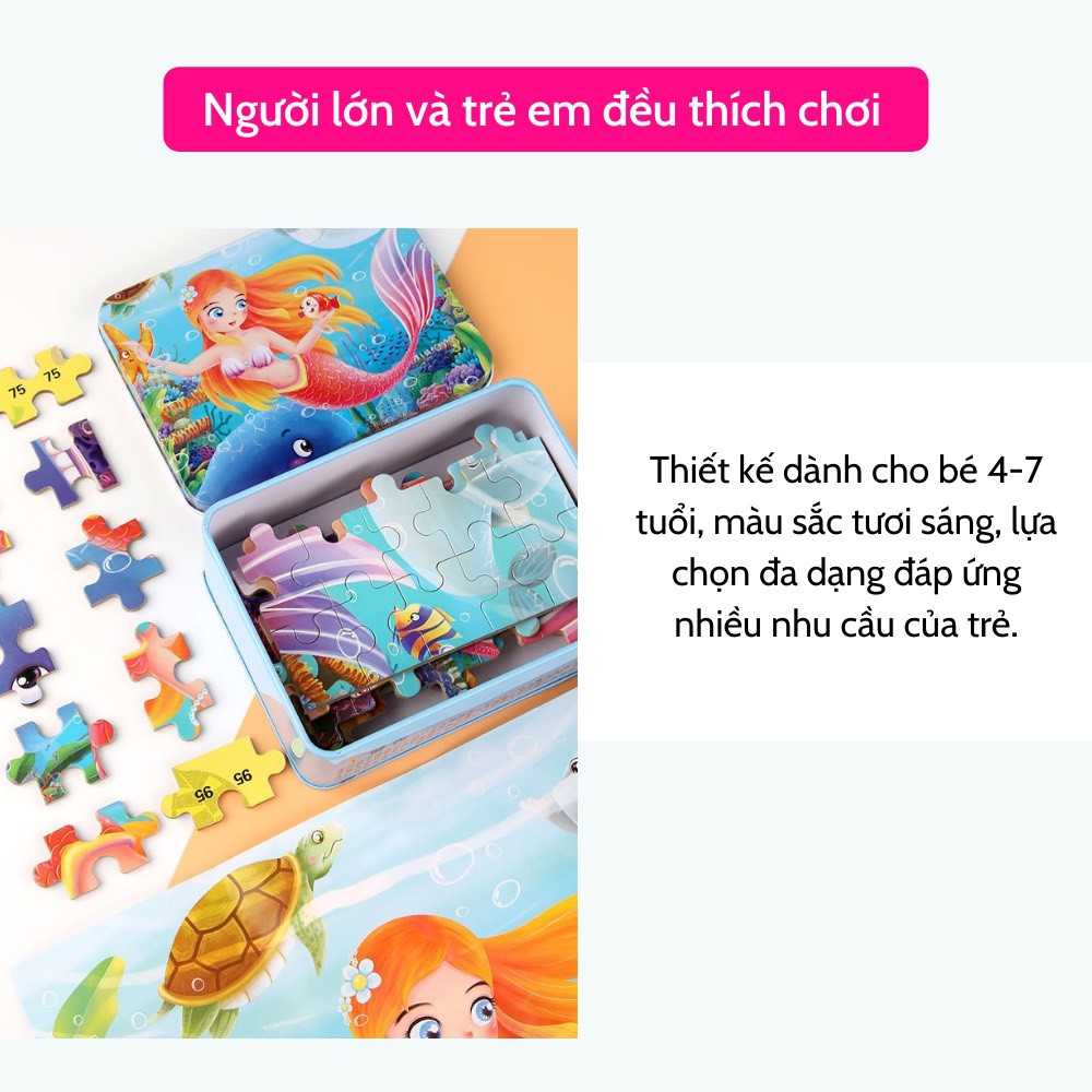 Bộ tranh ghép hình gỗ 100 mảnh nhiều chủ đề hộp kim loại, đồ chơi xếp hình cho bé trai bé gái phát triển trí thông minh