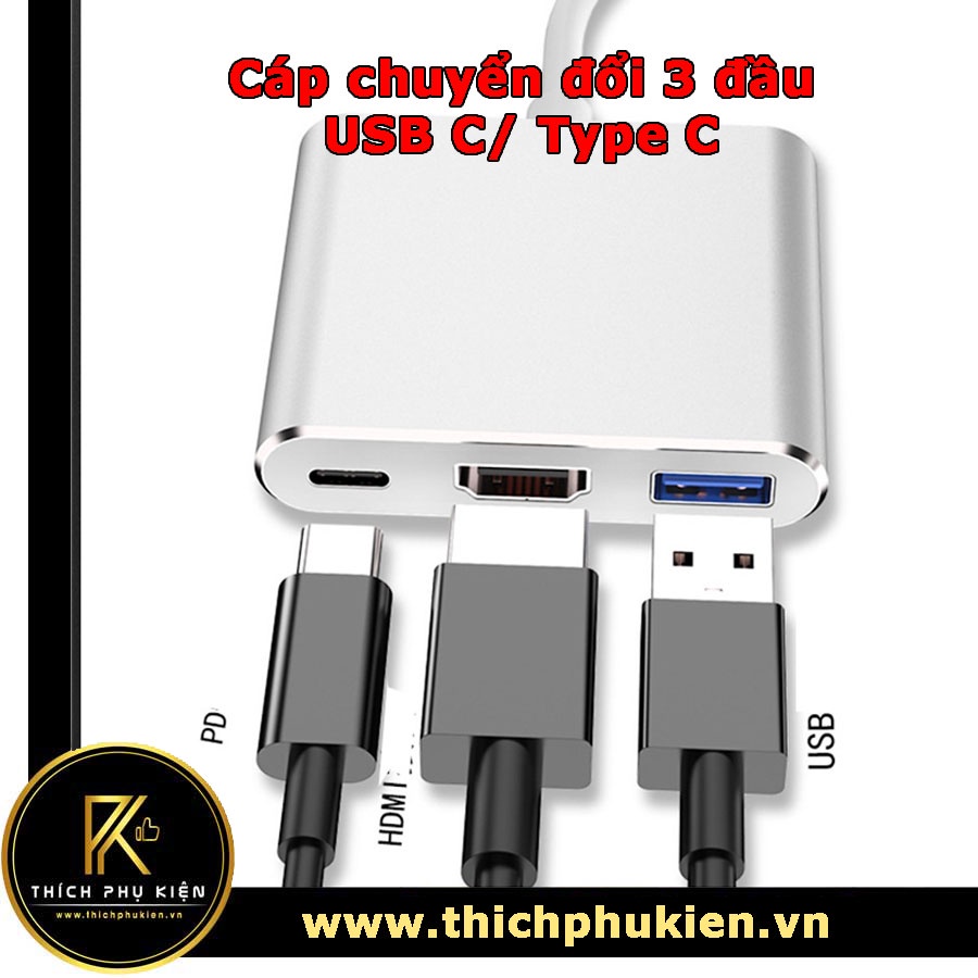 Cáp chuyển đổi OTG HUB 3 đầu USB-C Type-C ra &gt; Type C, USB, TV HDMI - Loại tốt