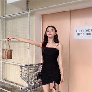 Đầm body 2 dây dây rút bên