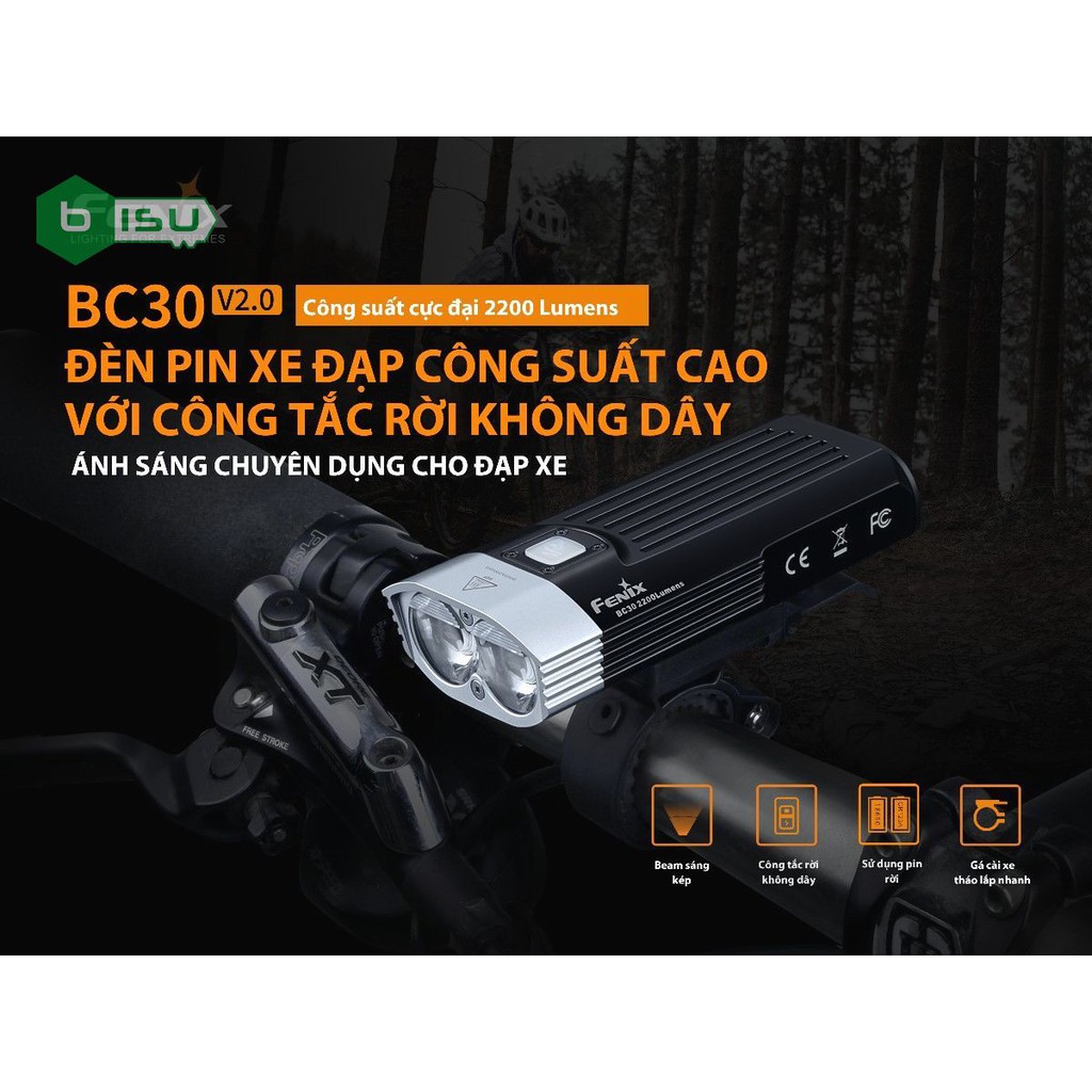 ĐẠI LÝ ĐỘC QUYỀN FENIX - Đèn pin xe đạp FENIX - BC30 V2.0 - 2200 lumens (Tặng kèm 2 pin sạc Fenix 18650 - 2600mah)