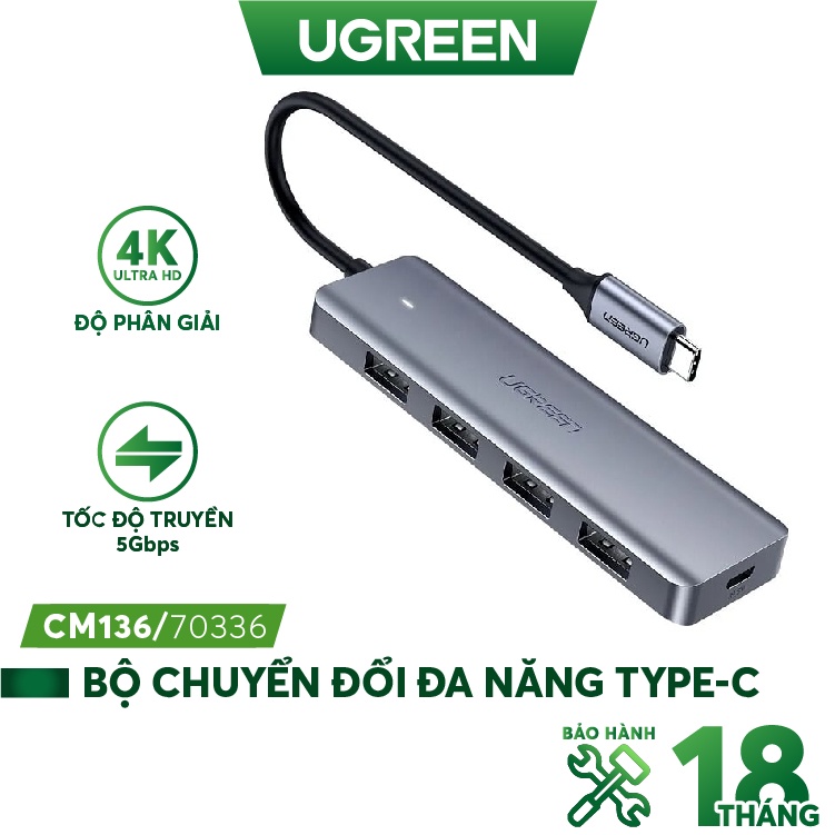 Hub USB type C sang 4 cổng USB 3.0 hỗ trợ cổng nguồn Micro USB 5V UGREEN CM219 CM136