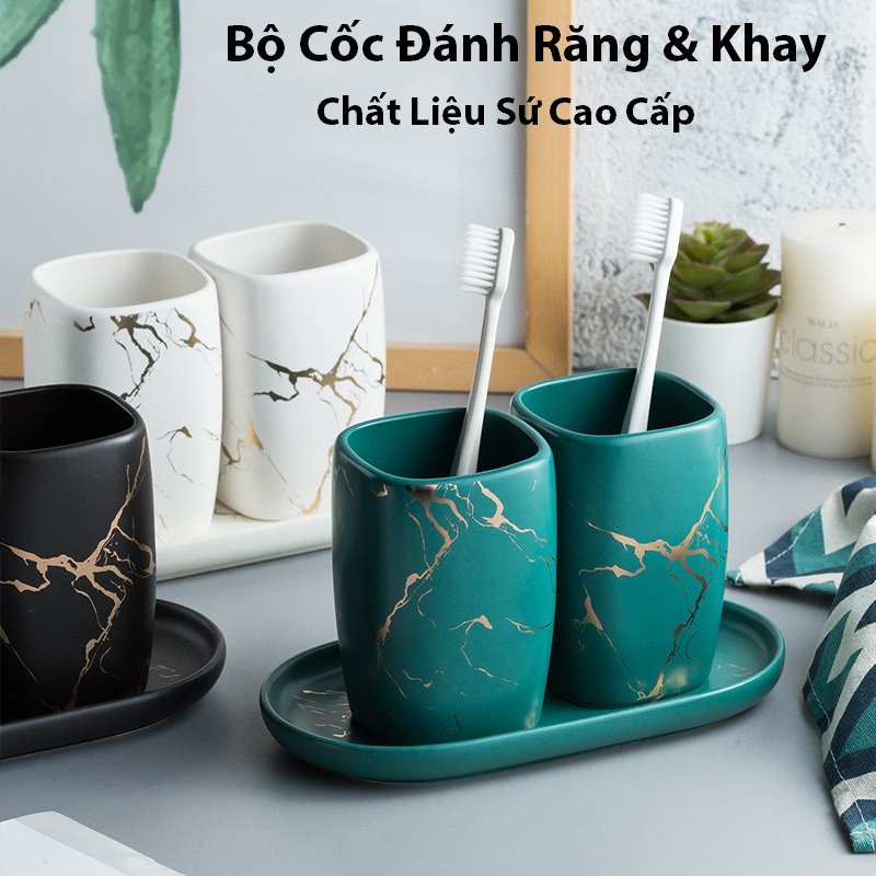 Bộ cốc đánh răng sứ xanh sang chảnh, Cốc Đựng Bàn Chải Đánh Răng Bằng Sứ Sáng Tạo Họa Tiết Cẩm Thạch ( k bao gồm khay)