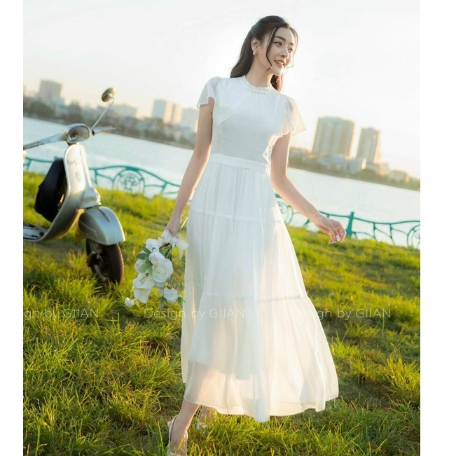 Váy đầm dáng dài voan chiffon 2 lớp đính cườm dự tiệc,chụp hình,dạo biển xinh như nàng thơ