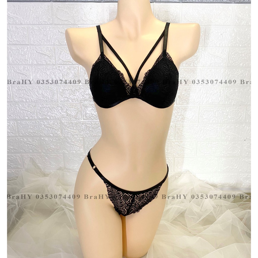 👙 Bra thiết kế 👙 Bộ đồ lót nữ đen có dây áo ôm ngực, có mút mỏng hàng thiết kế siêu cấp