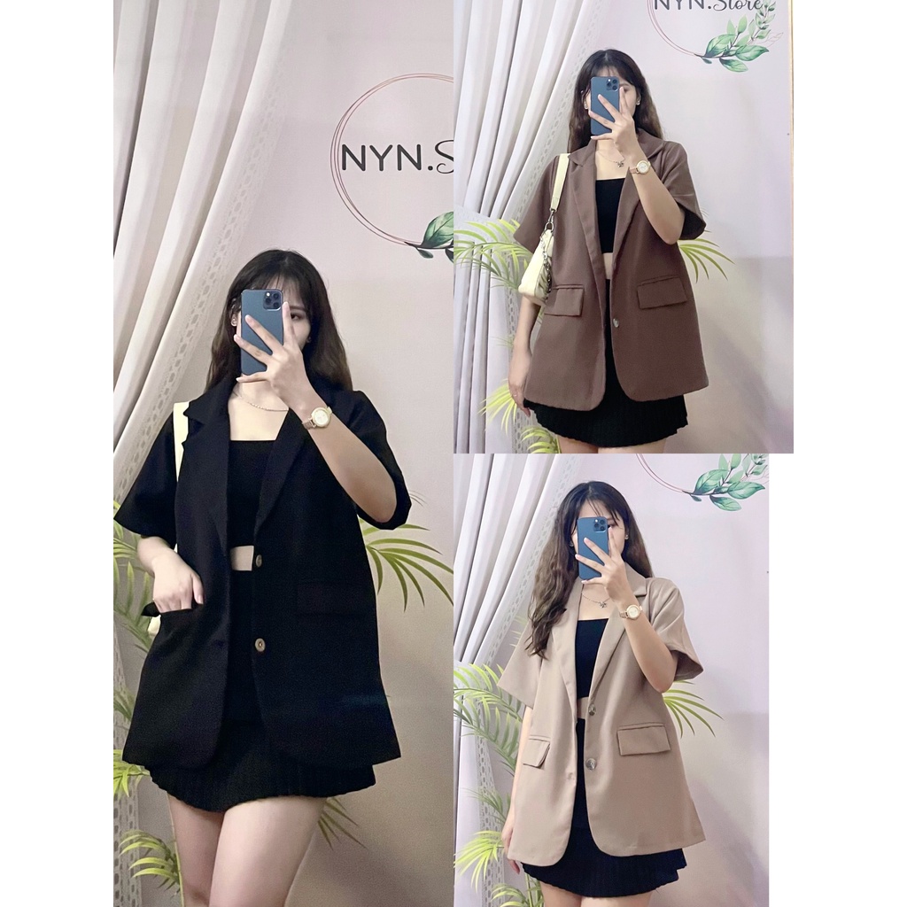Áo khoác Blazer nữ ngắn tay cộc form rộng 2 cúc túi nắp màu đen, nâu, be đậm Hàn Quốc, hàng Quảng Châu- NYN Store