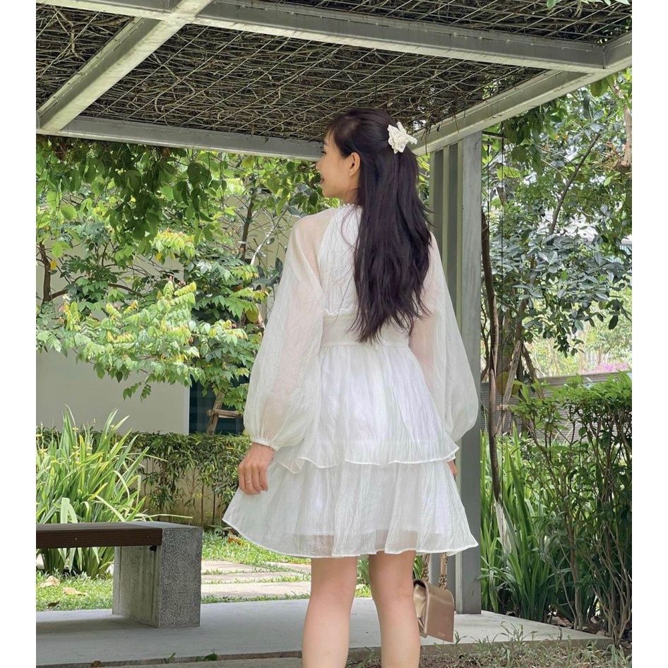 ĐẦM XẾP NHÚM CỔ CHẠY VIỀN HẠT TAY BỒNG