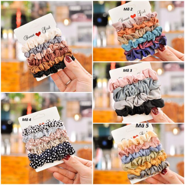 chun buộc tóc scrunchies, set 4 hoặc 6 buộc tóc scrunchies loại nhỏ xinh