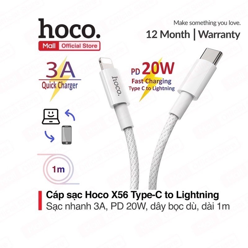 ✔Nowship - Cáp sạc Nhanh iPhone 12,12Pro max, PD 20W 3.5A -HOCO X56 Type-C to Lightning,