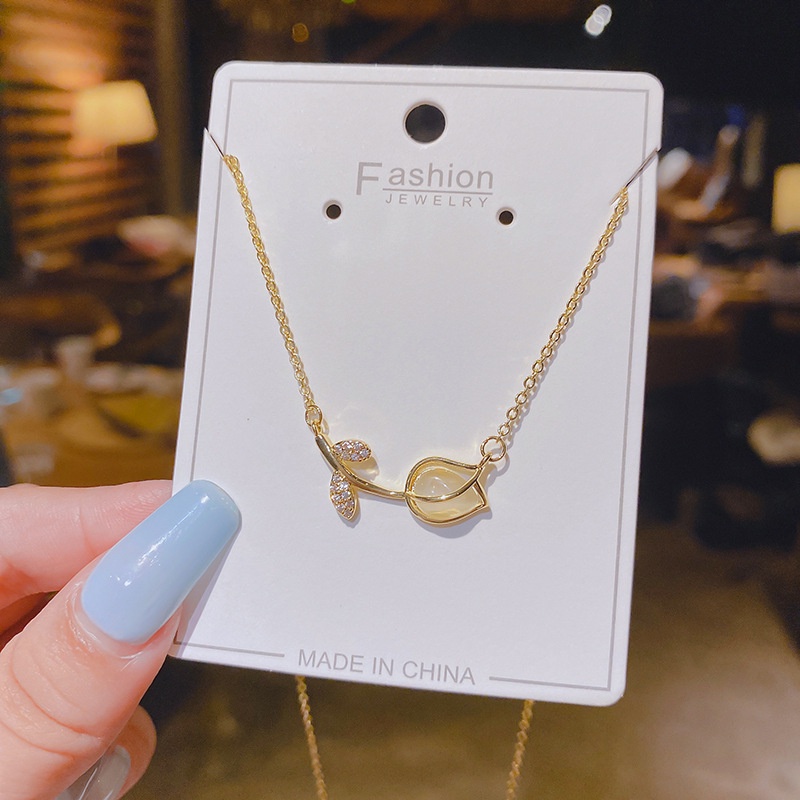 Vòng cổ Mặt Hoa Tulip Đính Đá Opal Sang Trọng Cho Nữ