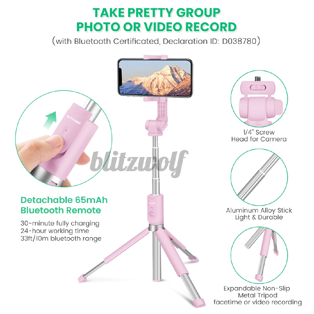Gậy Chụp Ảnh Selfie Bltzwolf Bw-Bs5 4 Trong 1 Kết Nối Bluetooth 810mm Có Nút Bấm Từ Xa | BigBuy360 - bigbuy360.vn