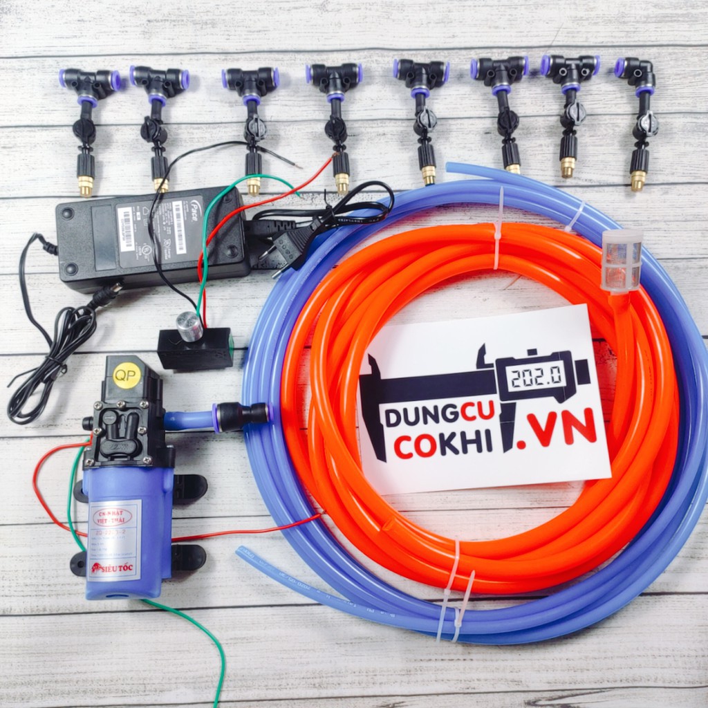 [GIÁ TỐT] bộ máy bơm phun sương 12v, 8 béc 1 tia đồng, có chống nhỏ giọt/ 10m dây, đầy đủ phụ kiện, làm mát, tưới lan