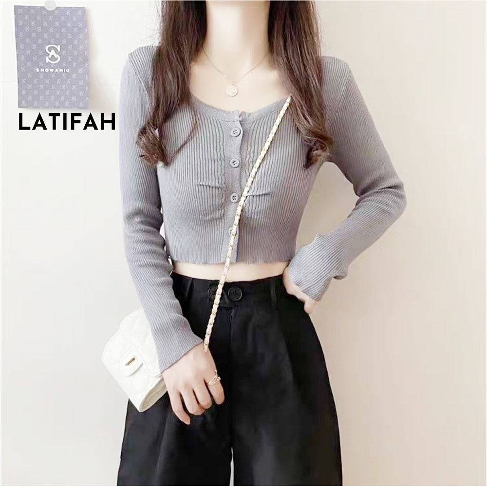 Áo thun croptop tay dài cổ tròn LATIFAH có cài cúc AT019 thun co giãn 4 chiều