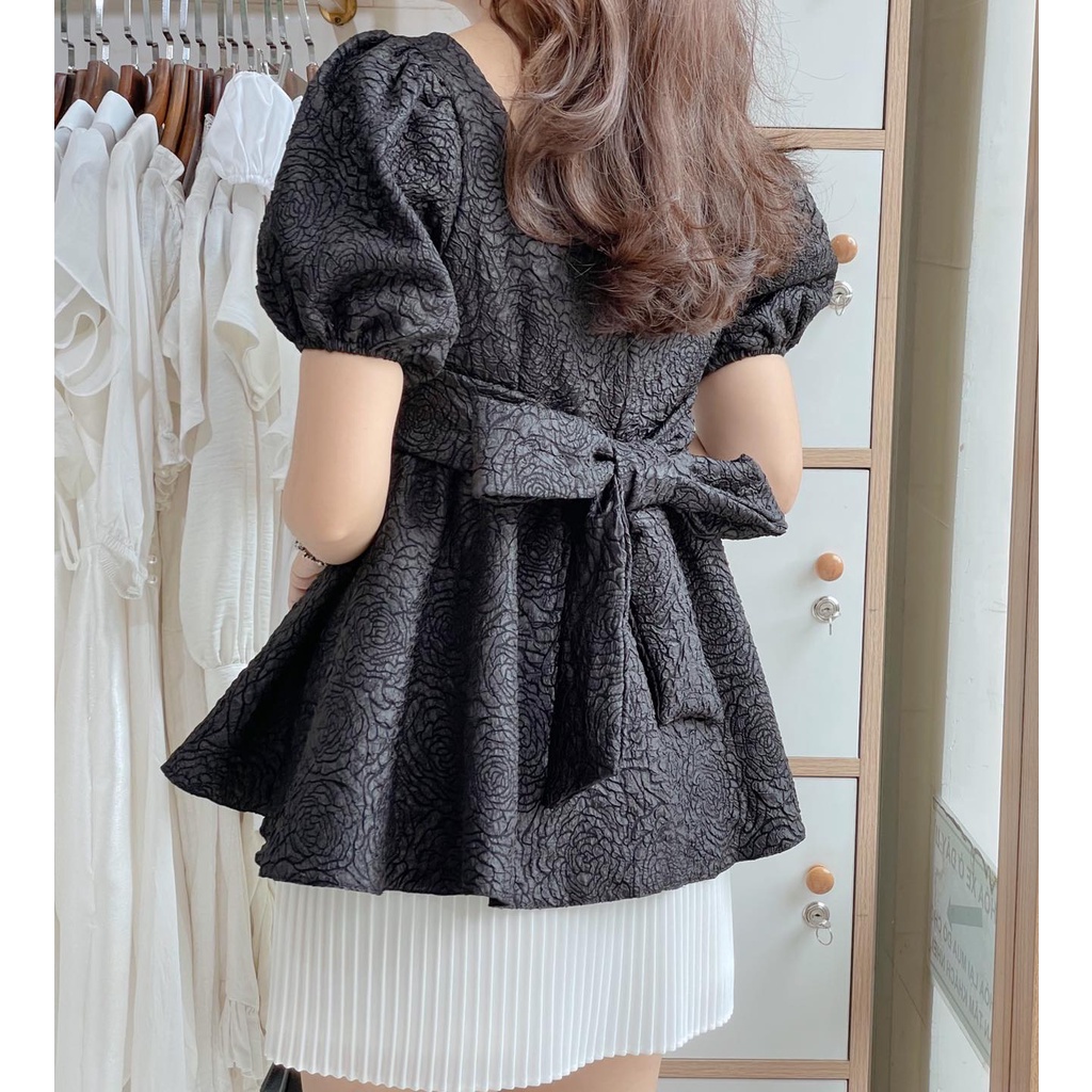 Áo họa tiết babydoll tay phồng cột nơ kèm hình thật