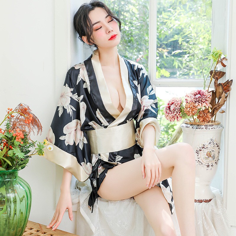 Đồ ngủ sexy áo choàng kimono đen hoa mềm mại đầm ngủ gợi cảm quyến rũ 1570