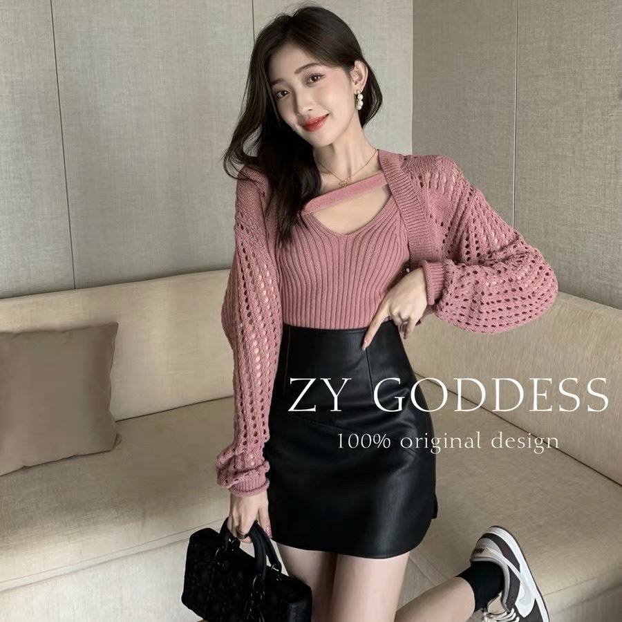 Set cardigan 2 món len lưới dây khuy Hàng QC SĐ04